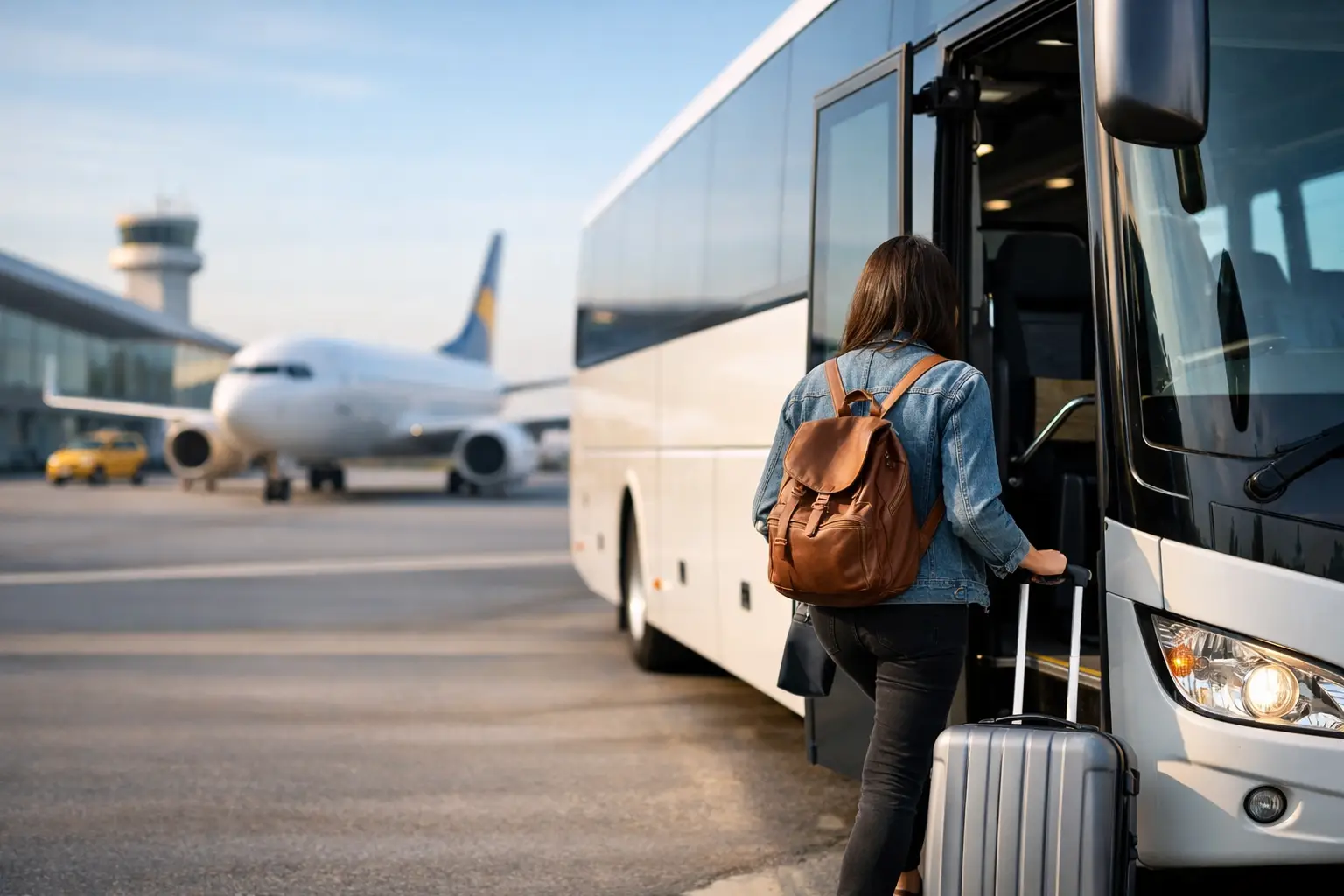 Passagère embarquant à bord d'un autocar de tourisme sur le tarmac de l'aéroport Charles-de-Gaulle