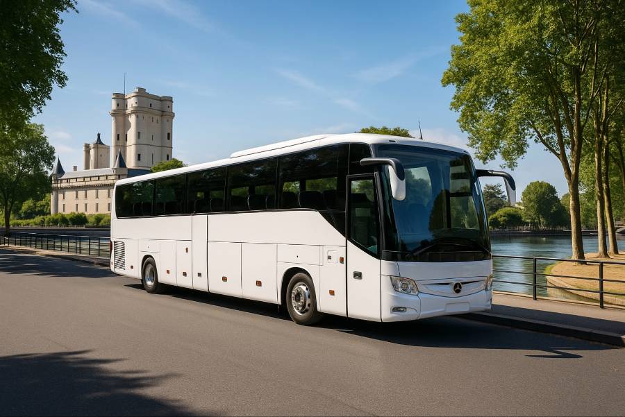 Autocar grand format de type 75 places circulant en Île-de-France devant un château, illustré pour la location avec chauffeur