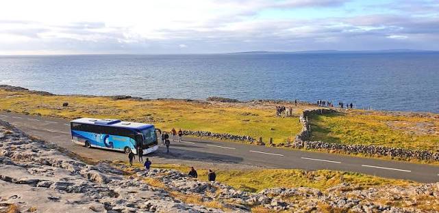Autocar arrêté en bord de mer avec des passagers profitant du littoral lors d'une excursion à la journée