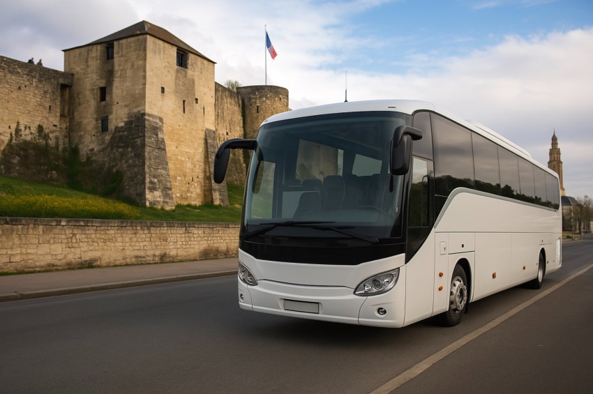 Autocar blanc avec chauffeur circulant devant le château de Caen en Normandie
