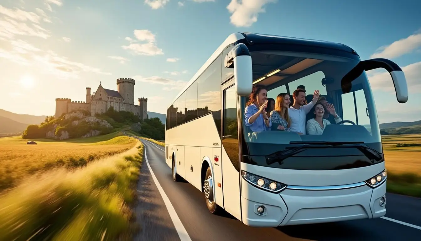 Autocar de tourisme roulant vers un château médiéval au coucher du soleil lors d'une excursion à la journée