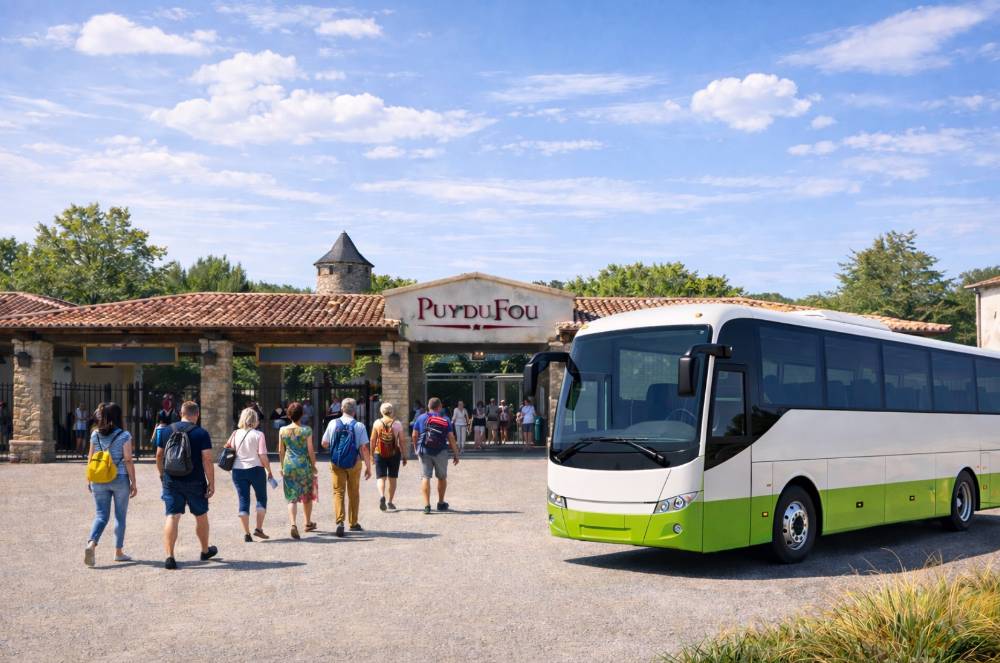 Groupe de visiteurs marchant vers l'entrée du parc Puy du Fou à côté de leur autocar de tourisme
