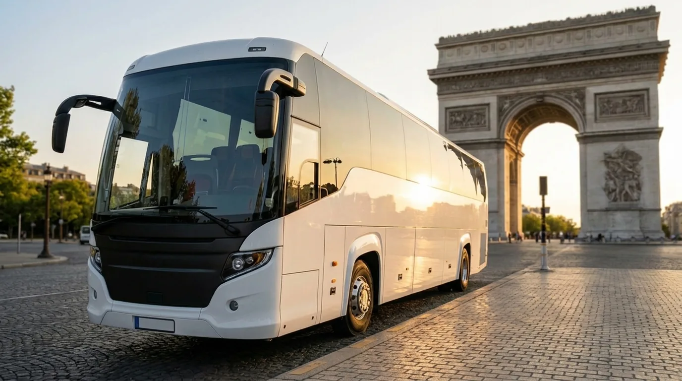 Autocar de tourisme blanc stationné devant l'Arc de Triomphe à Paris lors d'une location avec chauffeur