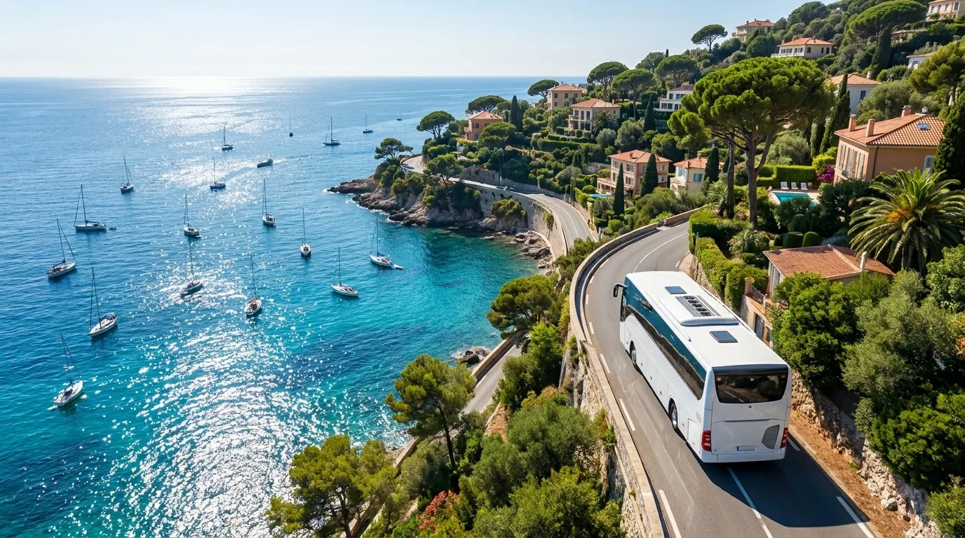 Autocar de tourisme roulant sur une route côtière surplombant la mer et des voiliers lors d'une journée à la mer