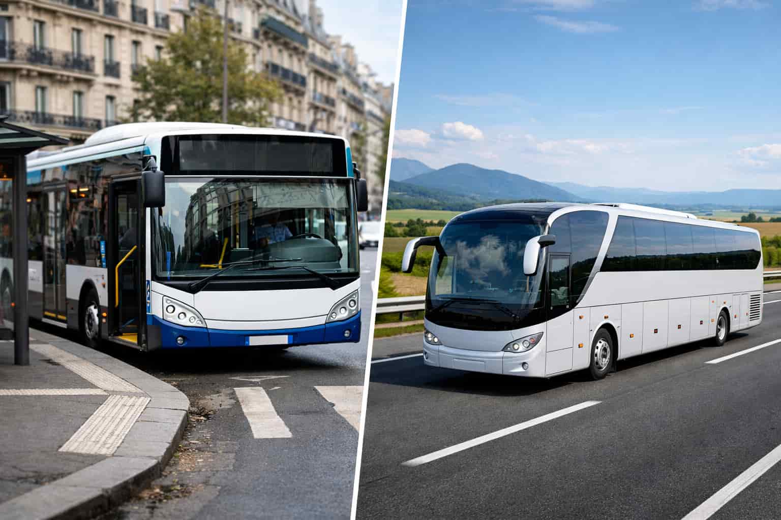 Comparaison visuelle entre un bus urbain et un car de tourisme, illustrant la différence entre un car et un bus