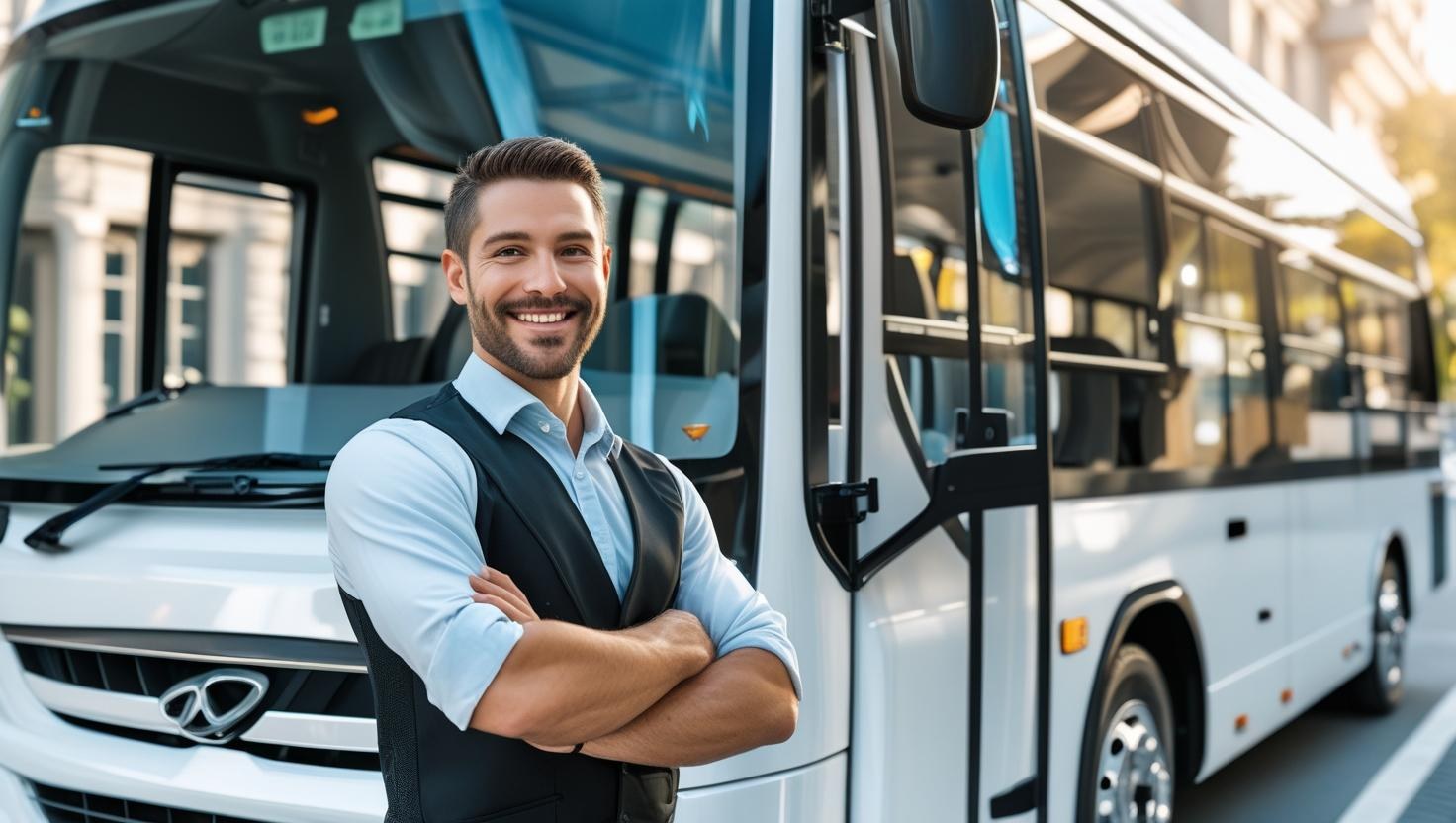 Chauffeur professionnel souriant devant un autocar blanc, illustrant le prix de la location de bus avec chauffeur