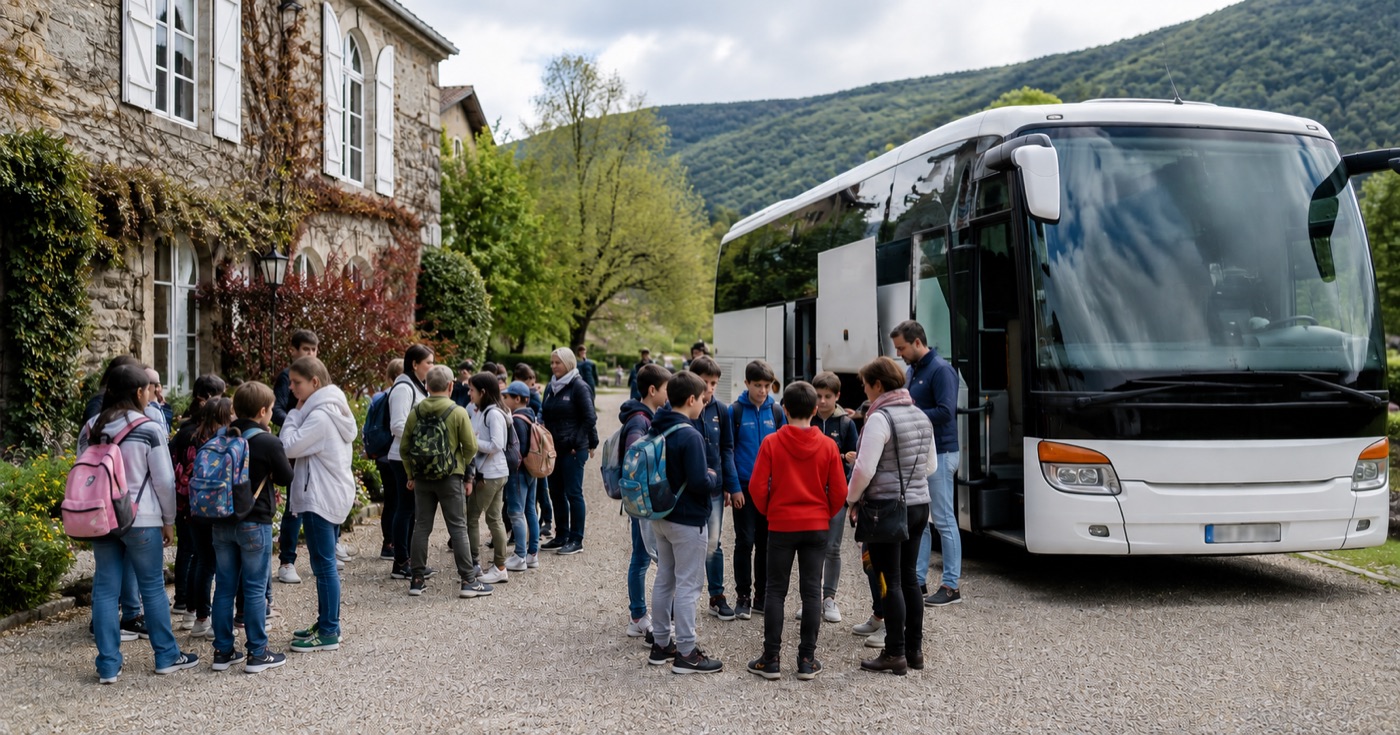 Groupe d'élèves montant à bord d'un autocar scolaire lors d'une sortie pédagogique devant un château