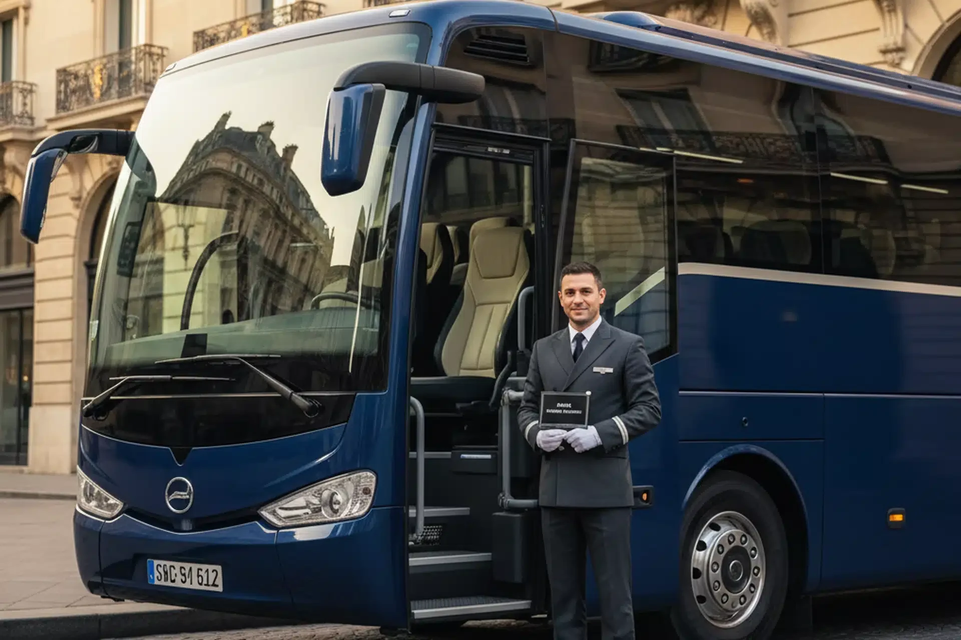Chauffeur professionnel en costume attendant devant un autocar de tourisme bleu nuit dans une rue de Paris pour un transfert en bus