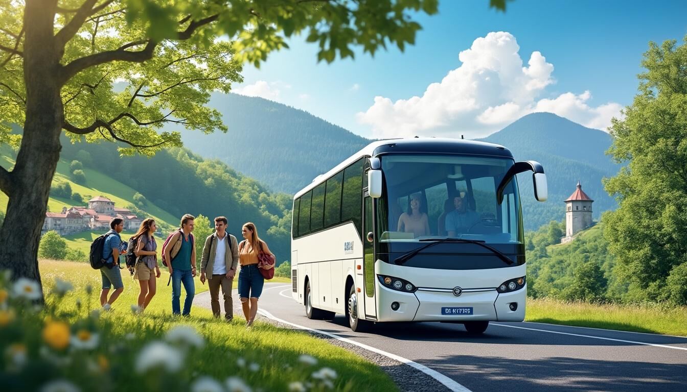 Groupe d'amis descendant d'un autocar de tourisme pour une excursion à la journée près d'un village pittoresque