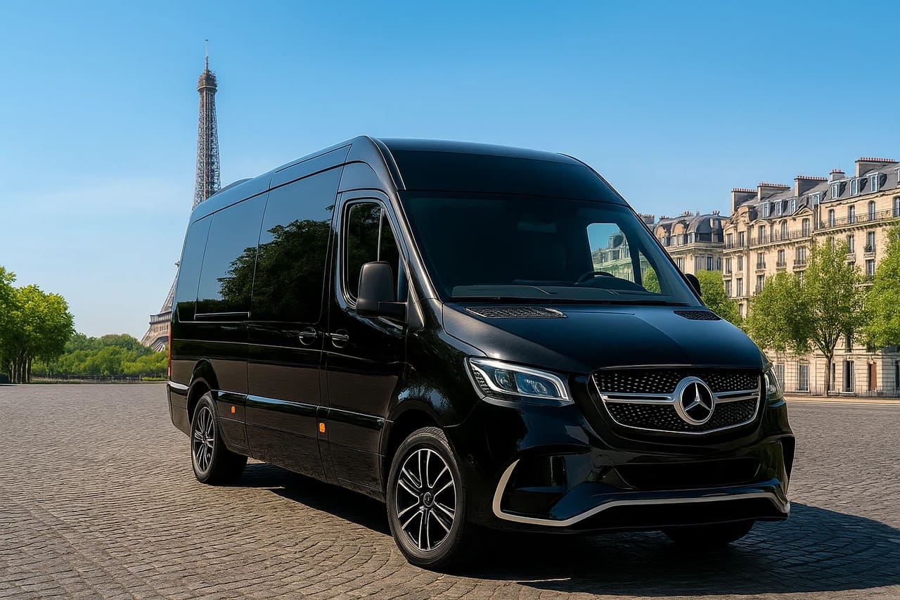 Navette entreprise Mercedes Sprinter noire devant la Tour Eiffel à Paris, transport de personnel haut de gamme